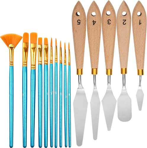 iRonrain Juego de cuchillos y pinceles de paleta de arte, 10 pinceles de pintura y 5 cuchillos de paleta, espátula, cuchillo de metal, mango de madera, adaptado para principiantes de pintura Cover