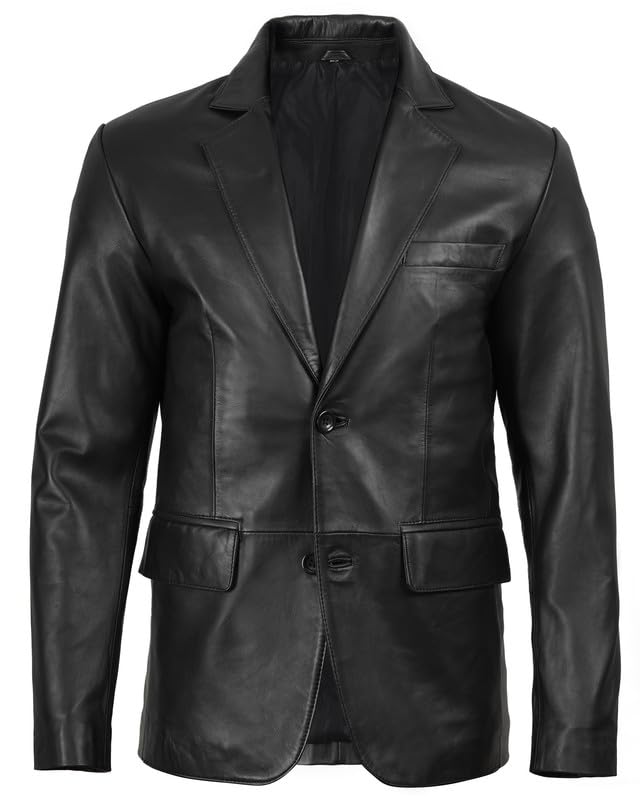 Image of Blingsoul Mens Leather Blazer - Casual Leather Sport Coat with Notch Lapel, Real Lambskin Leather Jacket for Men