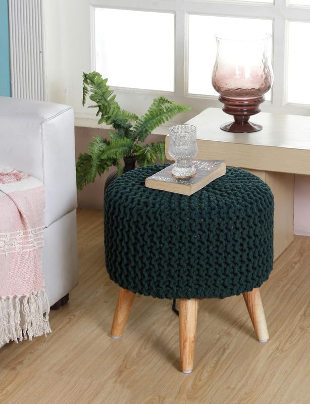 Image of Ottoman Foot Rest Puffy, Cotton Dori Ottoman for Home Decor, Solid Wood Legs Dressing Stool, Footstool Puffy for Living Room & Office Room | 16x17 Inch, Set of 2, Dori Green-Beige