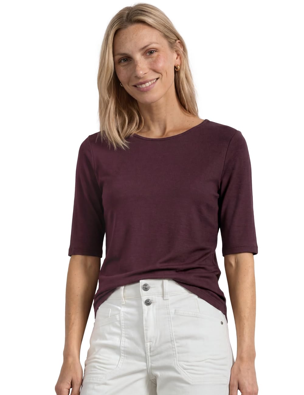 Street One Basic T-Shirt with Crew Neck in Plain Colour Rustic Rouge 36