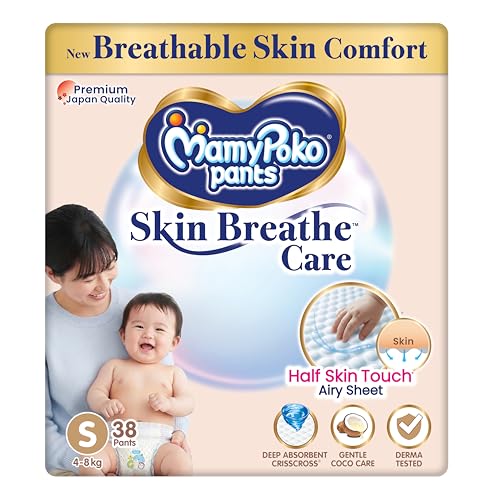 Image of MamyPoko Pants Skin Breathe Care | Baby Diapers Small Size (S) | 38 Count | 4-8Kgs | Half Skin Touch Airy Sheet | 3X Breathable | Derma Tested
