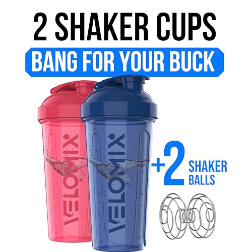 Image of VELOMIX -2 Pack- 28 oz Protein Shaker Bottles for Protein Mixes - 2x Wire Whisk | Leak Proof Shaker Cups for Protein Shakes | Protein Shaker Bottle Pack | Shakers for Protein Shakes-Blue&Pink