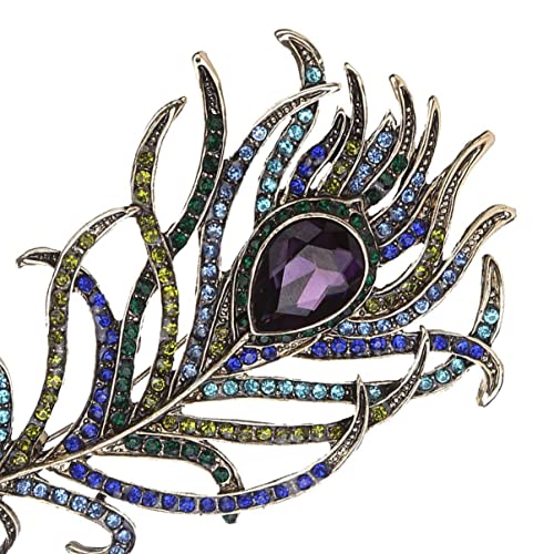 Image of Art Deco Peacock Feather Pin Brooch Great Fashion Jewelery Accessory with Multicolored Crystal Rhinestones for Women - Multicolored