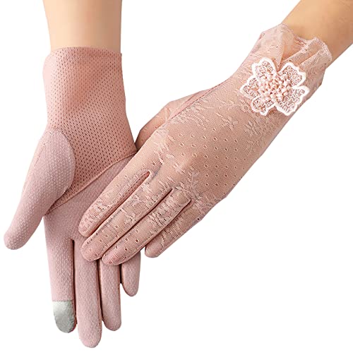 Guantes de encaje rosa BeFur con flores y protección solar