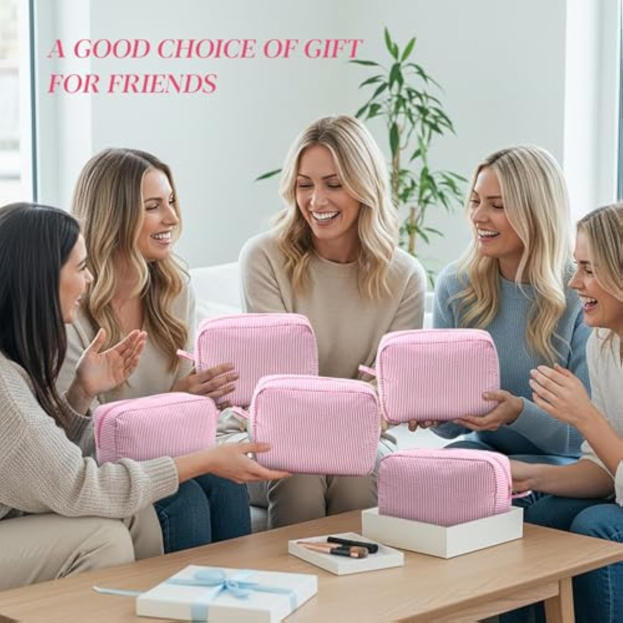 Pack Seersucker Makeup Bags for Women, Striped Pink