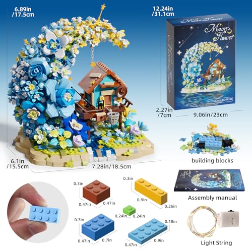 Image of SUNHABI Moon Flower Mini Bricks Building Set, Fairy Cabin and Blue Flower Bouquet, Mini Building Blocks Botanical Collection Set, Unique Home Decor, Gift for Her and Him - 1622 Pcs Mini Bricks