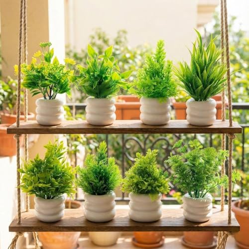 Image of Dekorly Artificial Potted Plants, Artificial Plastic Eucalyptus Plants Small Indoor Potted Houseplants, Small Faux Plants for Home Decor Bathroom Office Farmhouse (Green-8)