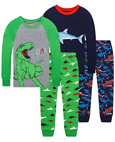 Dolphin&Fish Boys Dinosaur Shark Pajamas 4Pieces Cotton Kids Sleepwear Toddler Clothes Size 7 Blue