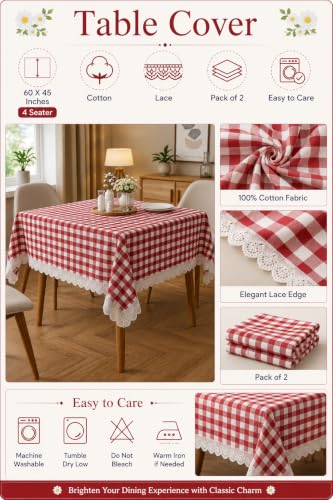 Image of Amazon Brand - Umi Cotton Tablecloth Pack of 2, 4-6 Seater Dining Table Cover, Red and White Gingham Check Rectangular Table Linen with Lace Trim 4 Corners, Classic Picnic Farmhouse Washable Set