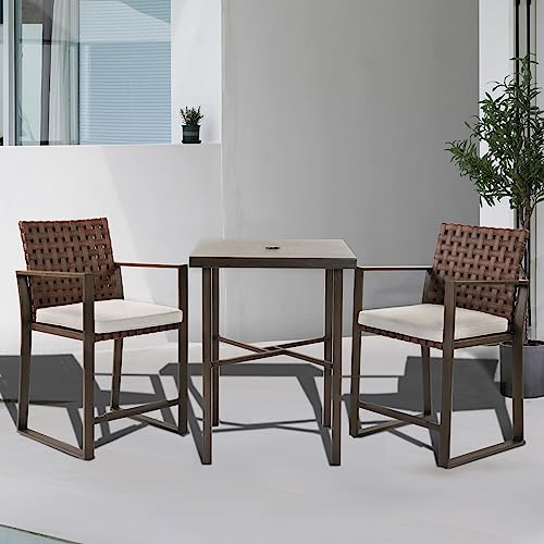 Grand Patio 3-Piece Outdoor Counter Height Bistro Set With Wood Grain Texture All-Weather Leather-Look Resin Wicker Bar Set With Market Umbrella Hole Furniture For Patio, Balcony, Garden - Brown #TOP1