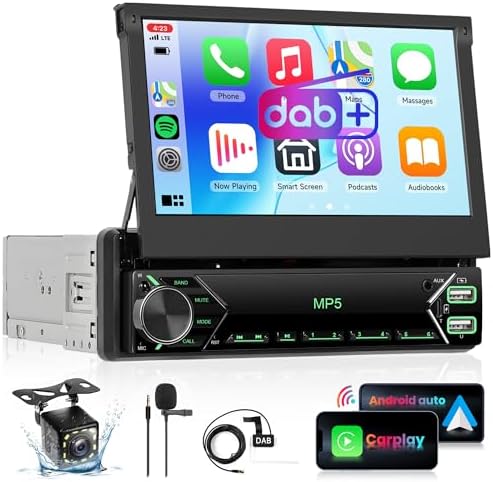 DAB/DAB+ Wireless Carplay Single Din Car Radio with Android Auto, 7 inch Manual Flip Out Touch Screen 1 Din Car Radio with Bluetooth EQ Mirror Link FM USB Type-C AUX Backup Camera