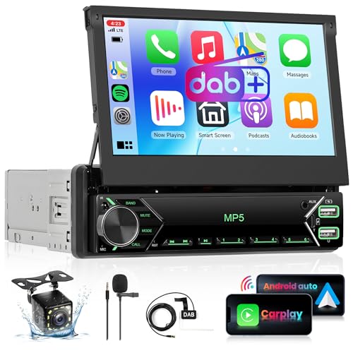 DAB/DAB+ Wireless Carplay Single Din Car Radio with Android Auto, 7 inch Manual Flip Out Touch Screen 1 Din Car Radio with Bluetooth EQ Mirror Link FM USB Type-C AUX Backup Camera