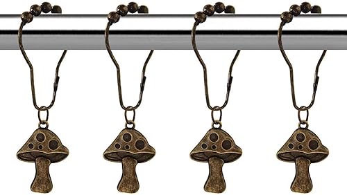 Miniatura 7 de Juego de 12 ganchos decorativos para cortina de ducha de hongos, anillos de ducha de acero inoxidable con bonitos hongos para decoración de baño y