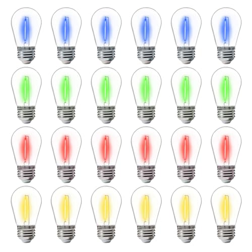FLSNT 24-Pack S14 Colored LED String Light Bulbs, 1W Waterproof Outdoor Indoor Replacement Bulbs, E26 Base, CRI80, Red/Green/Blue/Warm White