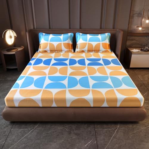 Image of Divine Casa Cotton King Size Bedsheet | 210 TC Soft Breathable Pigment Twill Satin Bed Sheet with 2 Pillow Covers | Luxury Bedding Set | 275 x 275 cm (Beige & Blue, Gemetic)