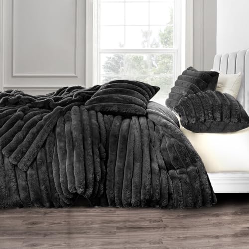 Image of Velosso Jumbo Cord Sherpa Reverse Duvet Cover Set - Ultra Soft Faux Fur Bedding with Plush Ribbed Texture, Warm & Cosy Winter Thermal Quilt Cover with Pillowcases (Black, Double)