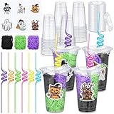 Qinyoung 24 Set Creative Halloween Classroom Favor Trick or Treat Plastic Cup with Lid Colorful Straw Sticker and Raffia Treat Loot Bag Set for Kid Student Halloween Party Favor School Class Gift Idea