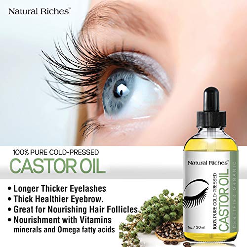 Organic Castor Oil Eyelash Growth Serum Pure USDA Organic certified Cold pressed Promotes Eyebrows & Eyelash Growth with 5 set of brushes- 1 fl oz. Natural Riches