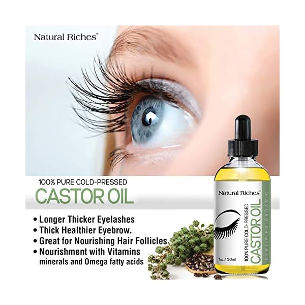 Natural Riches Organic Castor Oil Eyelash Growth Serum Pure USDA Organic certified Cold pressed Promotes Eyebrows & Eyelash Growth with 5 set of brushes- 1 fl oz.