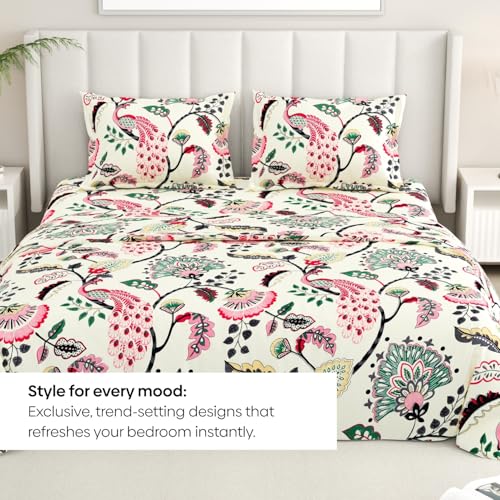 Image of Rivermoor 200 TC Ultrasoft Bedsheet for Double Bed | Queen Size Bed Sheet with 2 Pillow Covers | Cream Floral Print | 88 x 96 Inches | Breathable & Hypoallergenic