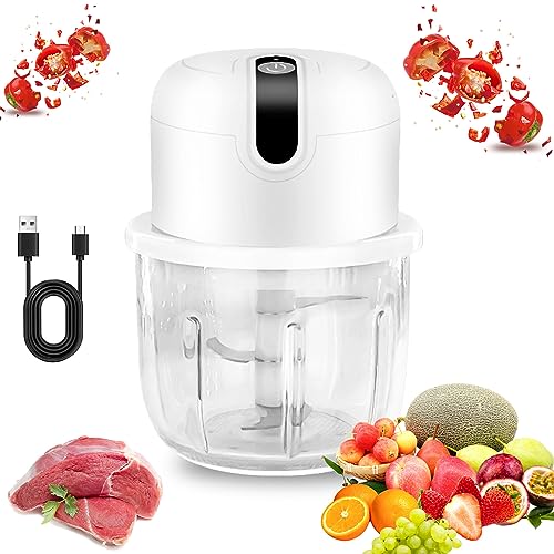 Mini picadora eléctrica de cebolla, 250 ml, USB, cortador de cebolla, ayudante de cocina portátil para carne, cebolla y comida para bebés, cuchillas de acero inoxidable, camping y hogar (color blanco)