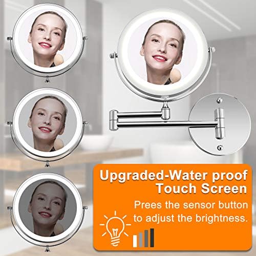 longziming 7'' Makeup Mirror Wall Mounted, Upgraded 10X Magnification Double-Sided Mirror, USB Charging Touch Button Adjustable Light 360° Swivel Extendable Vanity Mirror for Bathroom Battery Powered