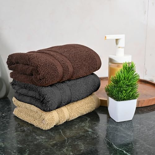 Image of Divine Casa Cotton Hand Towels Pack of 3 Brown Grey Beige, 550 GSM Ultra Soft & Highly Absorbent Thick Bathroom Towels, 60 x 40 cm