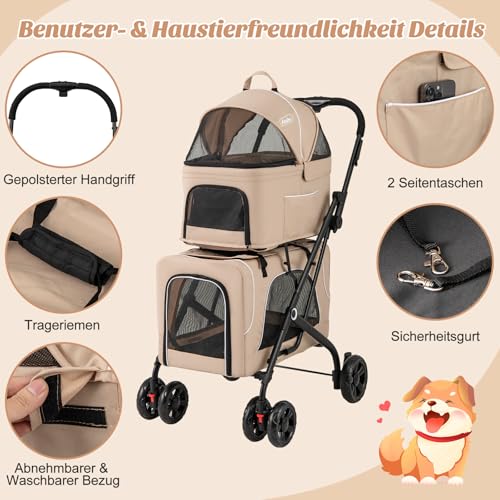 COSTWAY 3 in 1 Hundewagen, Hundebuggy 2 Etagen mit Netzfenstern & Taschen & Polstern, Oxford & Metall, Haustiere Buggy bis 16 kg, Hundebox Transporttasche klappbar, für Hunde Katzen Haustiere (Beige)