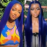 Missyvan Blue Lace Front Wig Synthetic Long Straight Royal Blue Color Hair Wig Glueless Lace Wig Light Yaki Straight Wigs 32 Inches