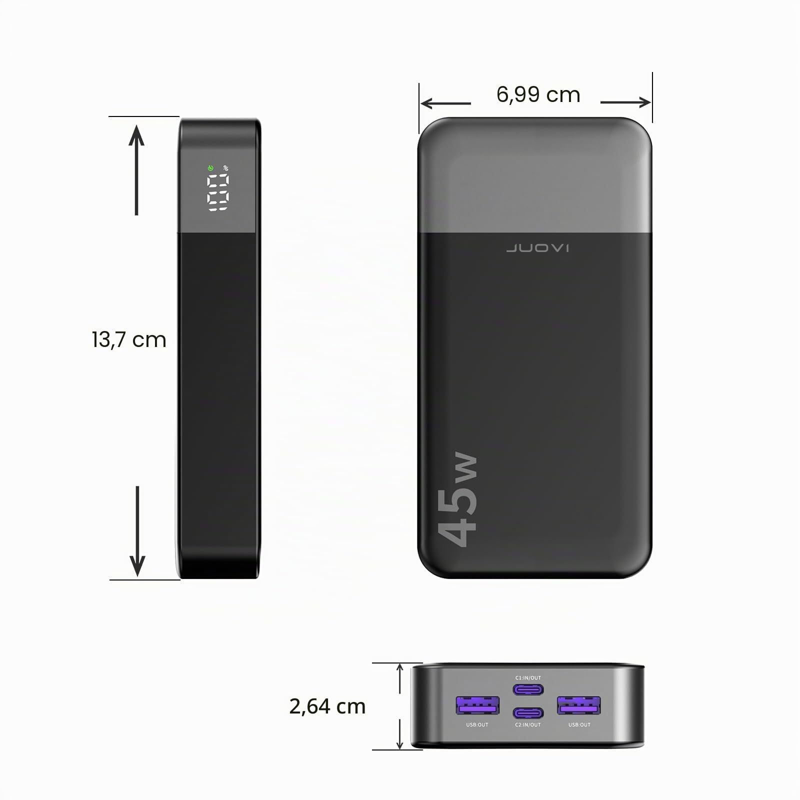 JUOVI J2621 Batterie Externe 45W 20000mAh Power Bank, Chargeur Externe Portable Charge Rapide PD 3.0 QC 4.0 USB-C in & Out Compatible avec iPhone 16 15 14 13 12 Tablette Macbook Samsung S24 S23 S22