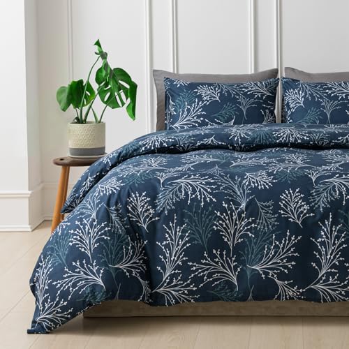 Image of Lekesky Reversible Duvet Cover Queen Size, Navy Blue Branch Comforter Cover Queen 3pcs Microfiber Botanical Bedding Set with Zipper Closure Corner Ties