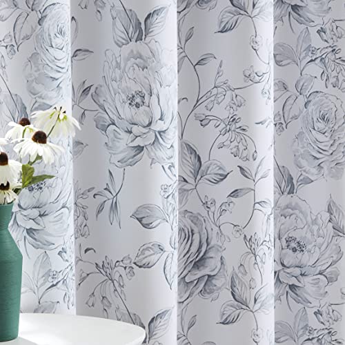 Beauoop Boho Floral Full Blackout Window Curtain Panels 100% Room Darkening Thermal Insulated Noise Reducing Drapes For Bedroom/Living Room Rose Grommet Window Treatment,Set Of 2, 50W X 84L,White/Gray #TOP1