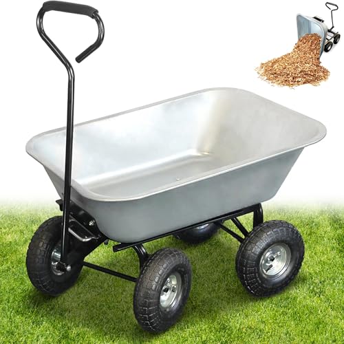 FISHTEC - Chariot de Jardin à Main 75L - Remorque Brouette 4 Roues Gonflables - Benne Basculante -...