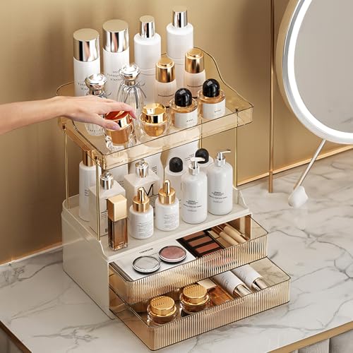 KJIXYUNG Organizador de maquillaje de 2 niveles de 2 cajones para mujeres de alto volumen - Organizador de vanidad multiusos para tocador - organizador de cuidado de la piel grande con diseño