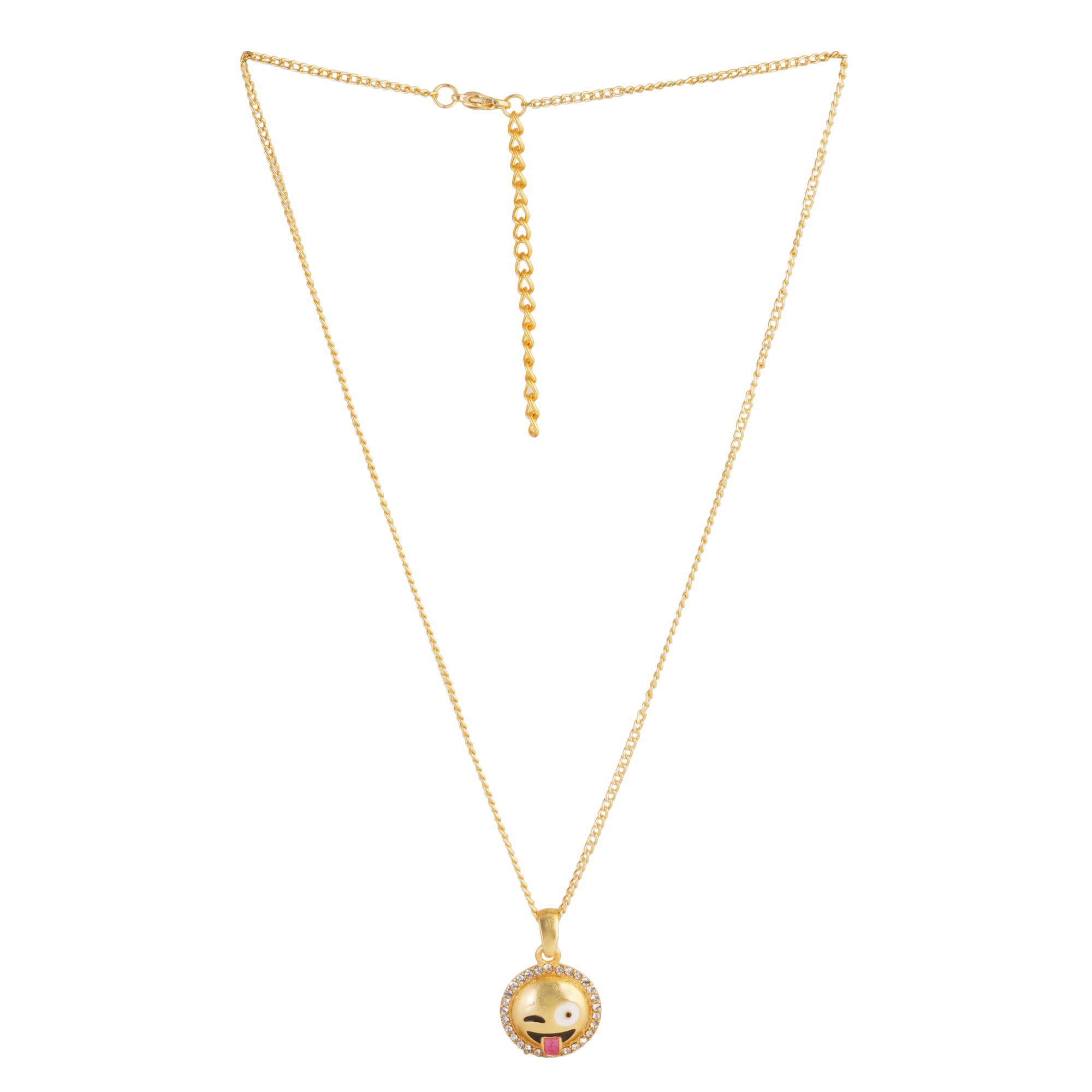 Quirky wink and tongue emoji pendant with white stones for girls and women, gold, adjustable-image-5