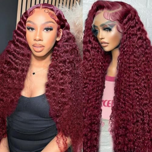 Image of Nsvnsv Burgundy Wig Human Hair 99j Burgundy 13x6 Deep Wave Lace Front Wigs Human Hair Pre Plucked 180% Density HD Transparent Lace Frontal Wigs for Black Women Red Colored Wig 34 Inch