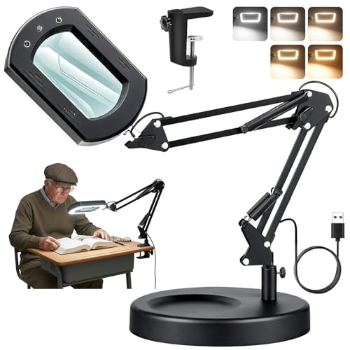 15X 30X Lighted Magnifying Glass with Stand & Clamp, Extra-Long Arm Magnifying Lamp, 7' Large Rectangular Lens, 5 Color Modes & Stepless Dimming, Magnifying Glasses for Close Work, Craft, Reading