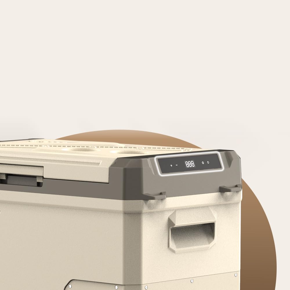 Kompressor Kühlbox 40L – Mini Kühlschrank mit App-Steuerung & ECO-Modus, 12V/24V/230V für Auto, Camping, Wohnmobil & LKW, Gefrierfunktion bis -20°C, Beige-Braun