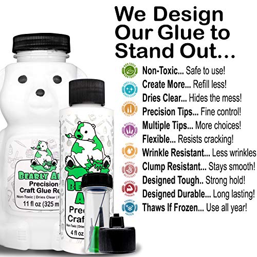 Bearly Art Precision Craft Glue -The Bundle - 4Fl Oz And 11Fl Oz Refill Bear - Tip Kit Included - Wrinkle Resistant - Flexible And Crack Resistant - Strong Hold Adhesive - Made In Usa #TOP2