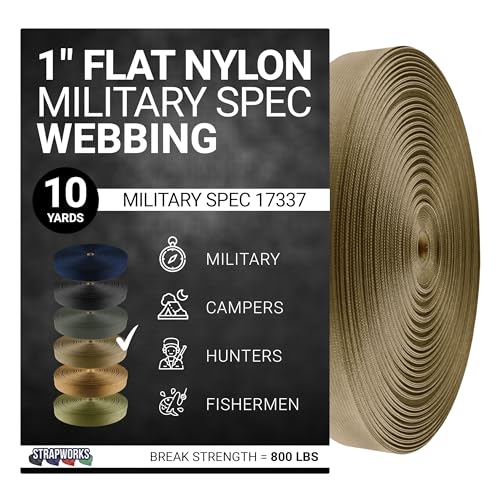 Strapworks Military Spec Flat Nylon Webbing – MilSpec 17337 Strap for Slings, Backpack Straps, Tactical Projects,1 Inch x 10 Yards, Tan