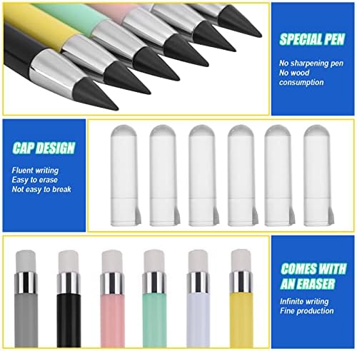 LQKYWNA Everlasting Pencils, 6 Pcs Inkless Pencils, Eternal Pencils with 6 Pcs Replaceable Graphite Nibs, Reusable Portable Erasable Infinity Pencils for Unlimited Writing Art Sketch Painting