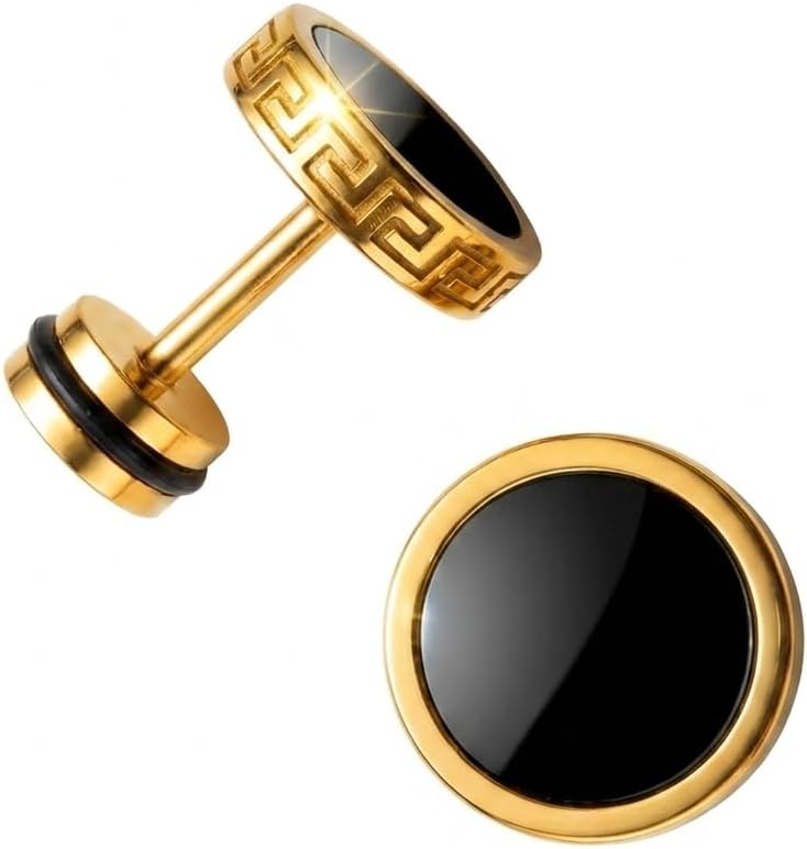 2026 Upgraded Hypoallergenic earrings for men,Mens surgical steel black stud earring jewelry,Great Wall wall grain round cake shape,Single black gel 0.4 inches wide