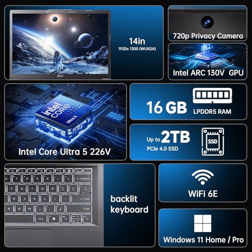Image of Acer Aspire 14 inch FHD Touchscreen Laptop, Intel Core Ultra 5 226V, Intel ARC 130V,16GB DDR5 RAM, 512GB SSD, AI Copilot+ Business Laptop PC, Win 11 Pro, Wi-Fi 6E, w /HDMI Cable /Pen,with Lifetime Office
