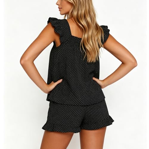 Image of SOOKABEILA Women 2 Piece Lounge Set Sleeveless Striped Cami Peplum Top Boxer Shorts Loose Ruffle Matching Pj Sets Outfits