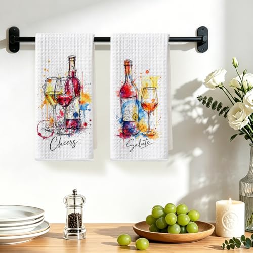 Image of 2 Pcs Graffiti Wine Kitchen Towels, Italian Gifts Reusable Dish Towels | Waffle Weave Hand Cloth Tea Towel for Kitchen Bathroom Home Decor, Wine Lover Gifts for Women Mom Friend 24x14 Inch