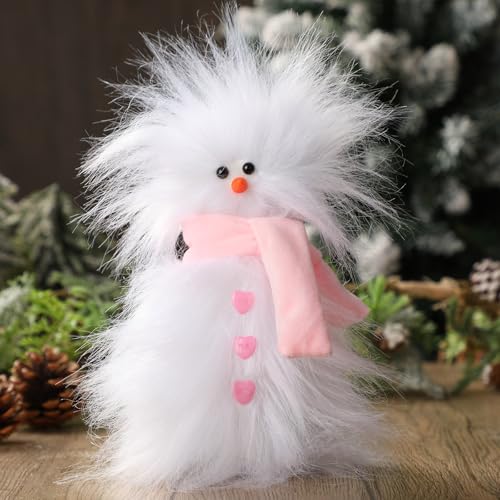 Soulchen Valentine Pink Frazzled Snowman Decoration Cute Handmade Frazzled Snowmen Doll Wearing Scarfs Xmas Plush Tabletop Ornaments for Mantel Fireplace Window Sill Holiday Indoor Decor Gift