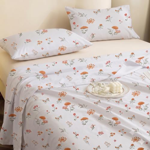 Image of IVAZA 240 TC Soft Ezyption Cotton Floral Print King Size Bedsheet - with 2 Pillow Covers, Hypoallergenic, Brethable, (Size- 90 x 90 Inch) White Rust
