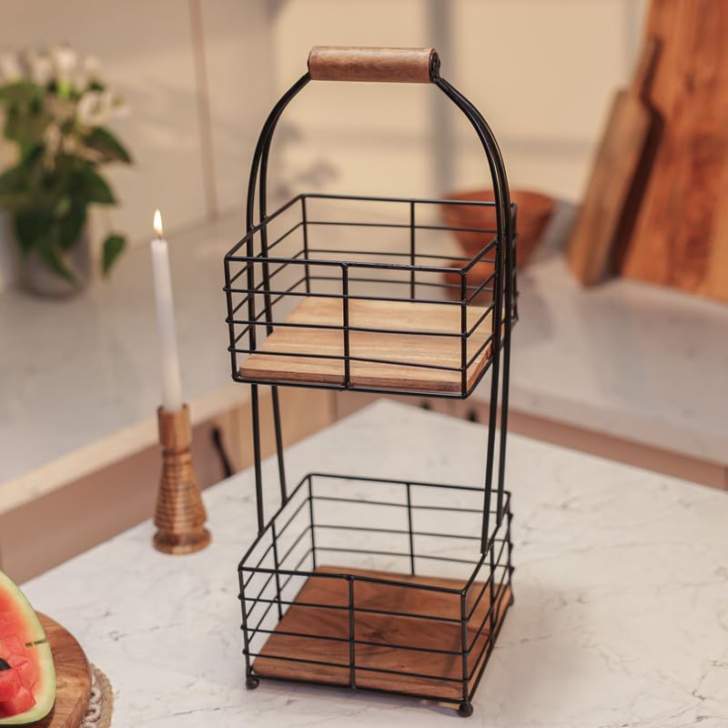 Image of Rustic Grid Multipurpose 2-Tier Storage Basket | Acacia Wood & Iron Handles | Wooden Storage Organizer | Kitchen, Living Room, Bathroom & Home Decor | Natural Finish