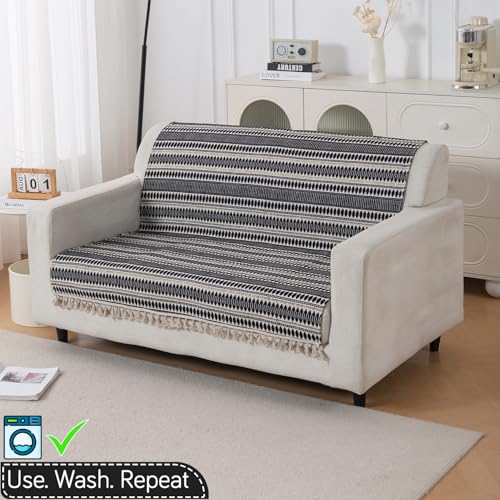 Image of HOKIPO 'Artisan Boho Series' 450 GSM Sofa Cover with Tassels | Multicolor Cotton Acrylic Jacquard Slipcover for 2 Seater Sofa, Size 152x120 cm, Charcoal Black (IN-908-A3)