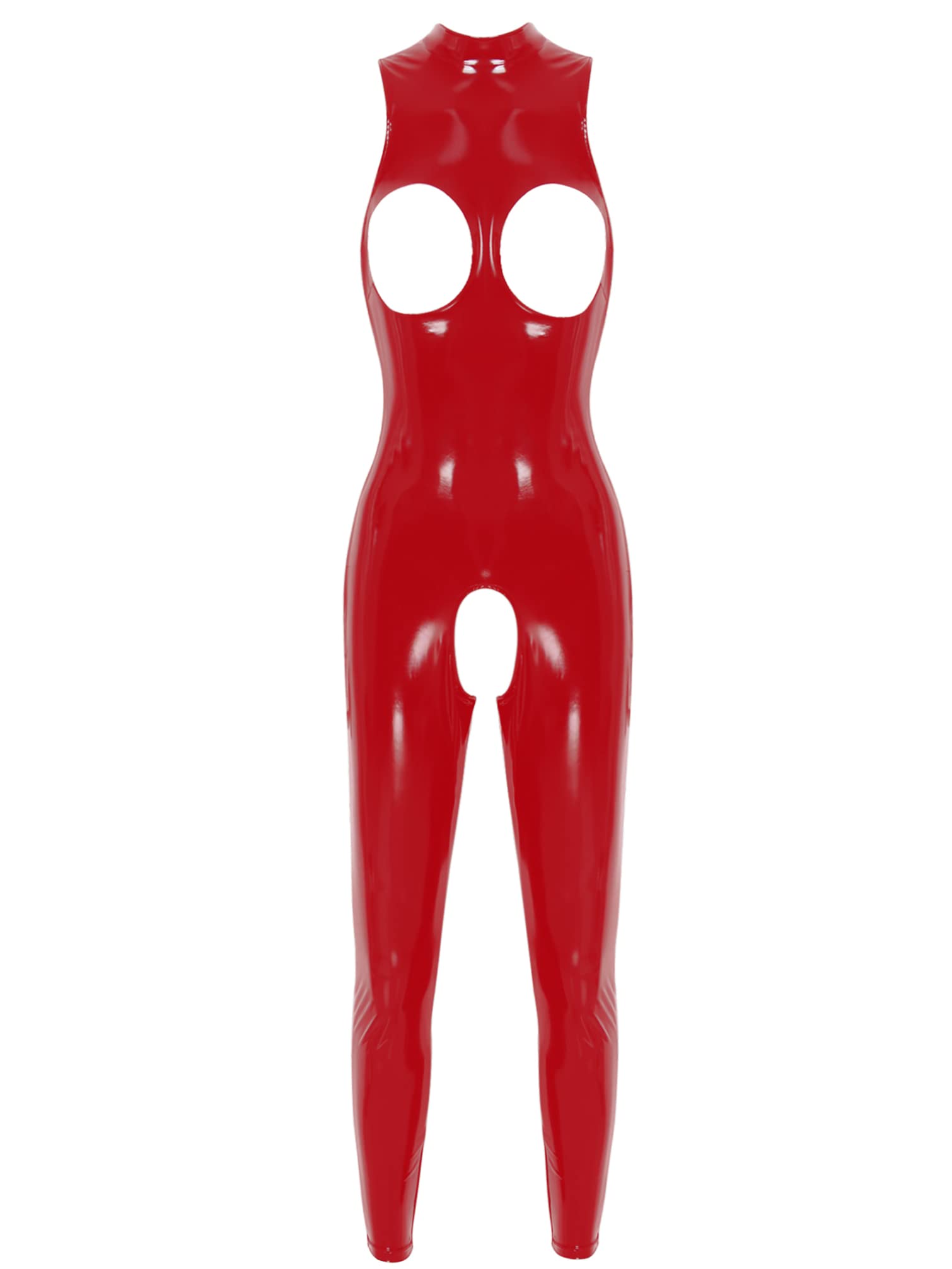 Jugaoge Tuta da donna lucida metallica, tuta intera e sul cavallo, tuta intera in ecopelle, slim fit, Bodycon Romper Clubwear